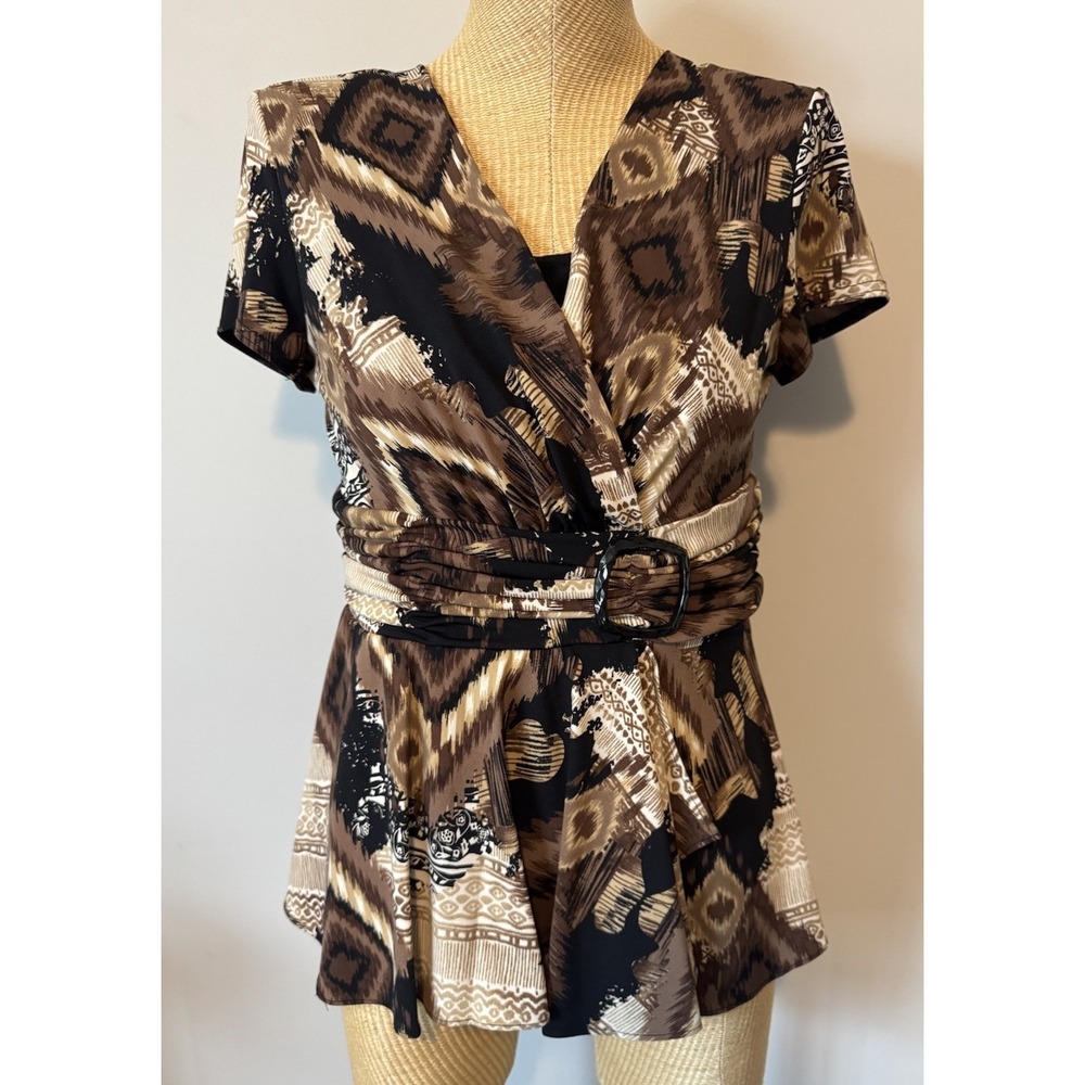 Vintage Y2K R&M Richards Top Women's 10 Printed Belted Flowy‎ Babydoll Brown - Picture 2 of 8